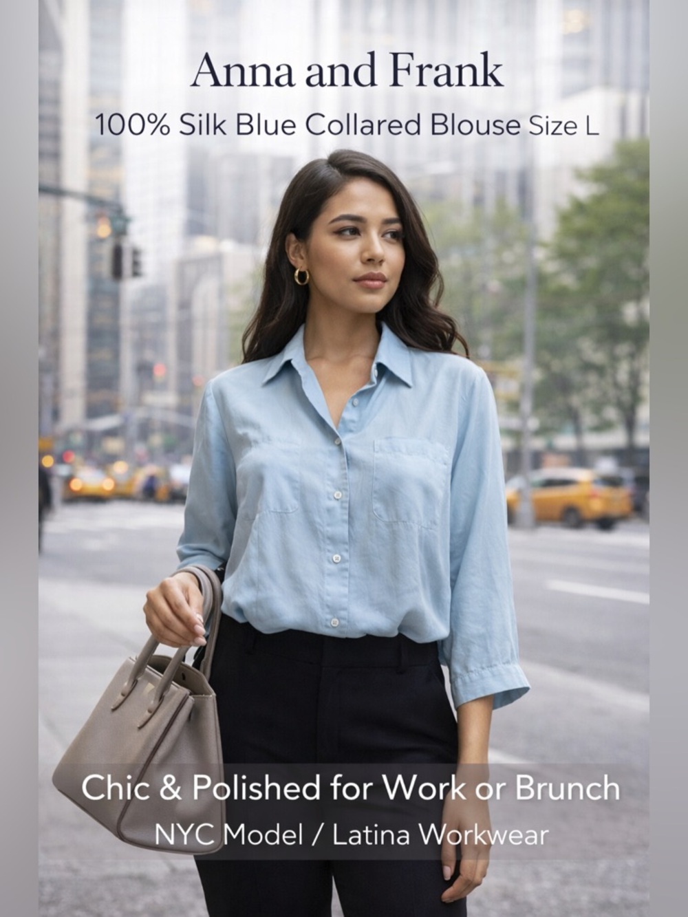 Anna and Frank 100% Silk Blue Button-Up Collared Blouse Size L